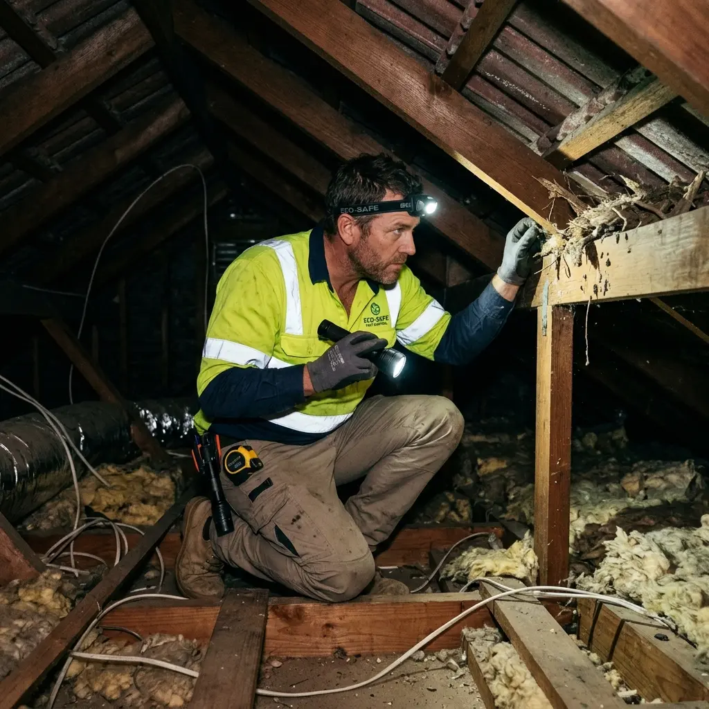Technician inspecting a roof cavity for a dead animal in Keon Park