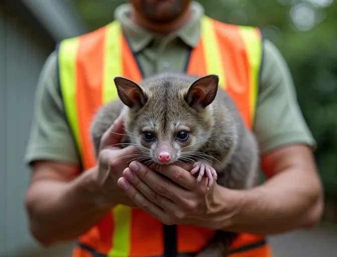 Animal handler safely recovering a deceased possum in Keon Park