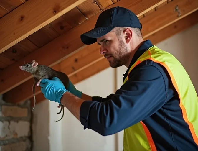 Technician inspecting a roof cavity for a dead rat in Keon Park